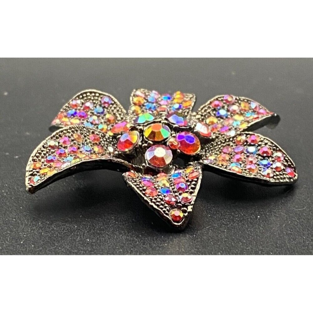 Sparkling Vintage Brooch Japanned Flower Pin AB Red Rhinestones Boho - Picture 3 of 8